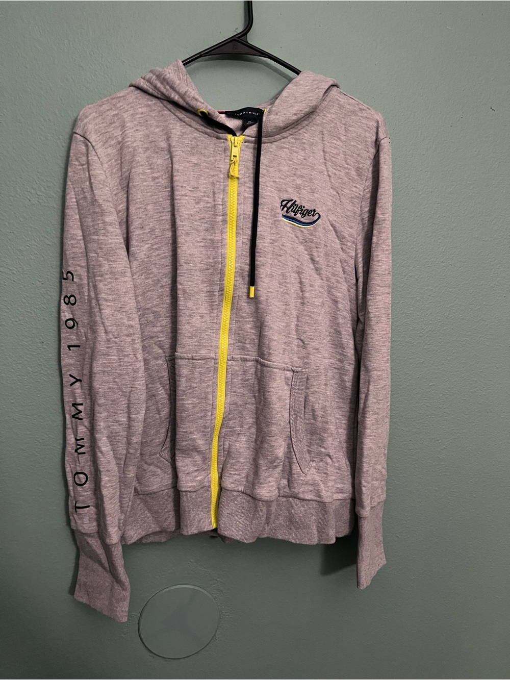 Tommy Hilfiger Light Gray Hoodie with Yellow Eyelets